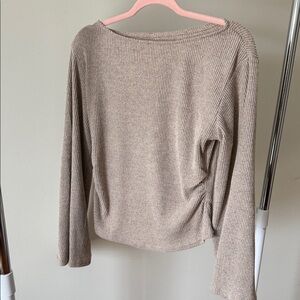 Ribbed Boatneck Long-Sleeve Sweater — Taupe size Large